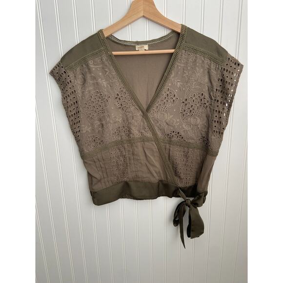 Anthropologie Tiny Cara Wrap Top Olive Women’s Size Small Blouse, Lace, Tie - Picture 2 of 5